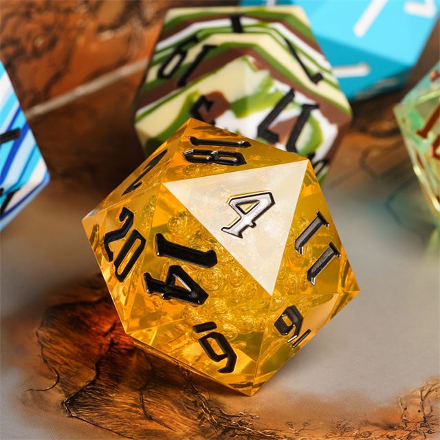 Bubbles in Clear & Yellow Sharp Acrylic - D20 RPG Dice