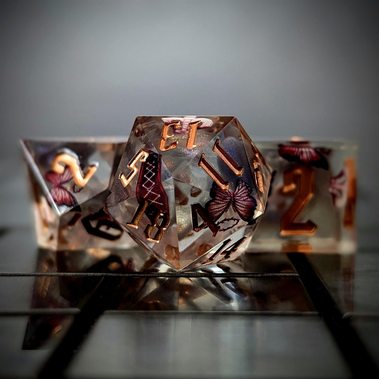 Halloween Butterfly in Clear Filled Sharp Resin - 7pcs RPG Dice Set