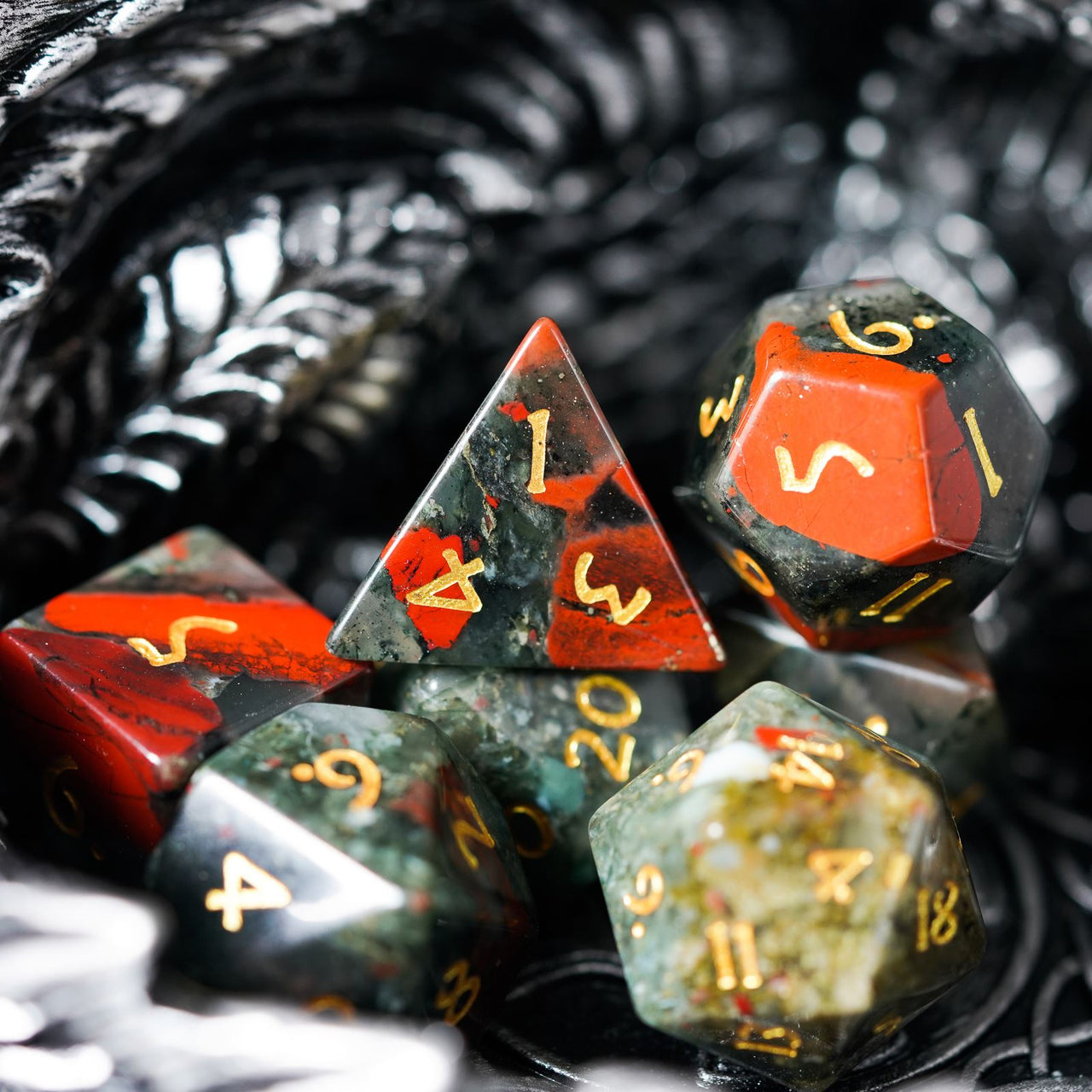 Grey Bloodstone Gemstone - 7pcs RPG Dice Set