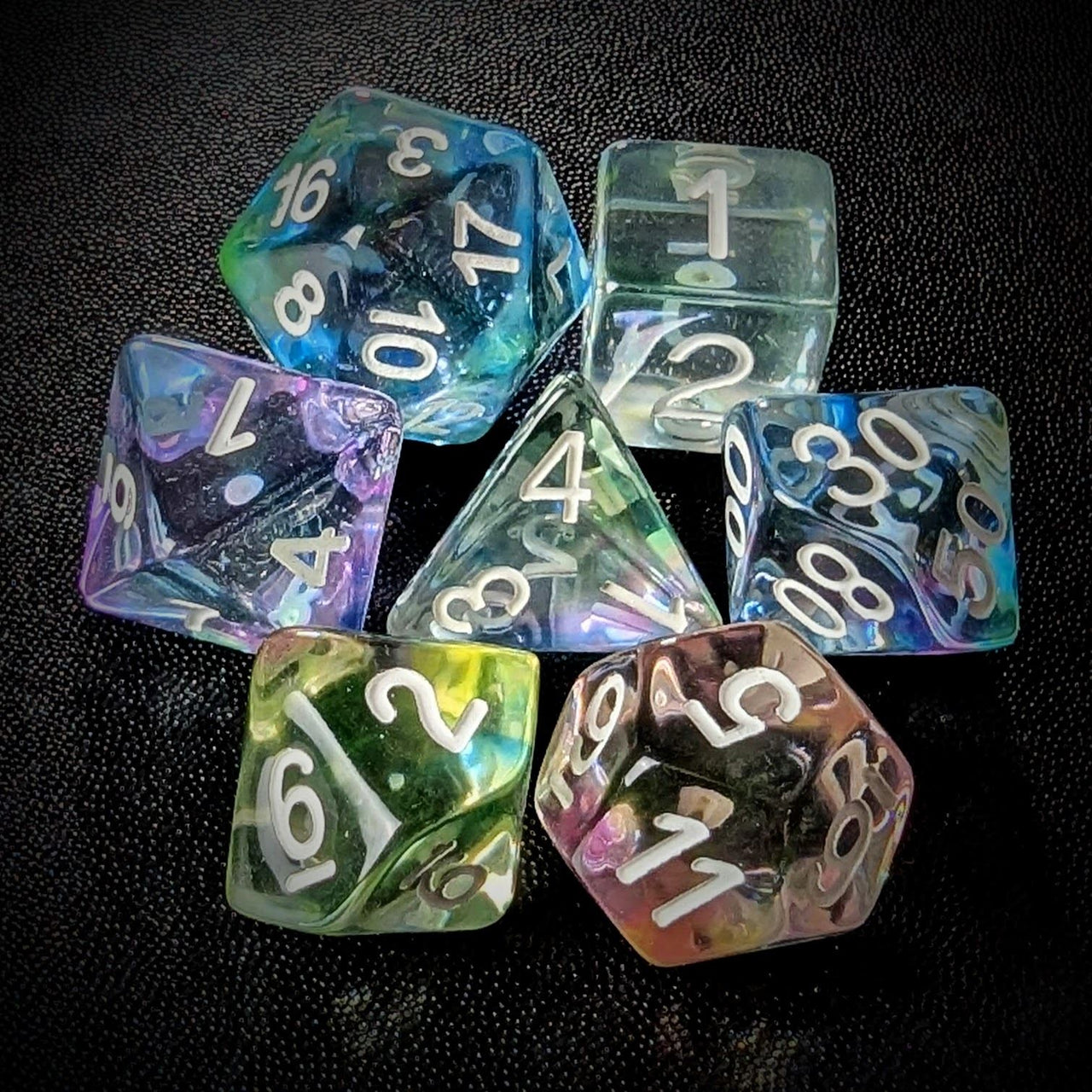 Multicolour Swirl in Clear Resin - 7pcs RPG Full Dice Set