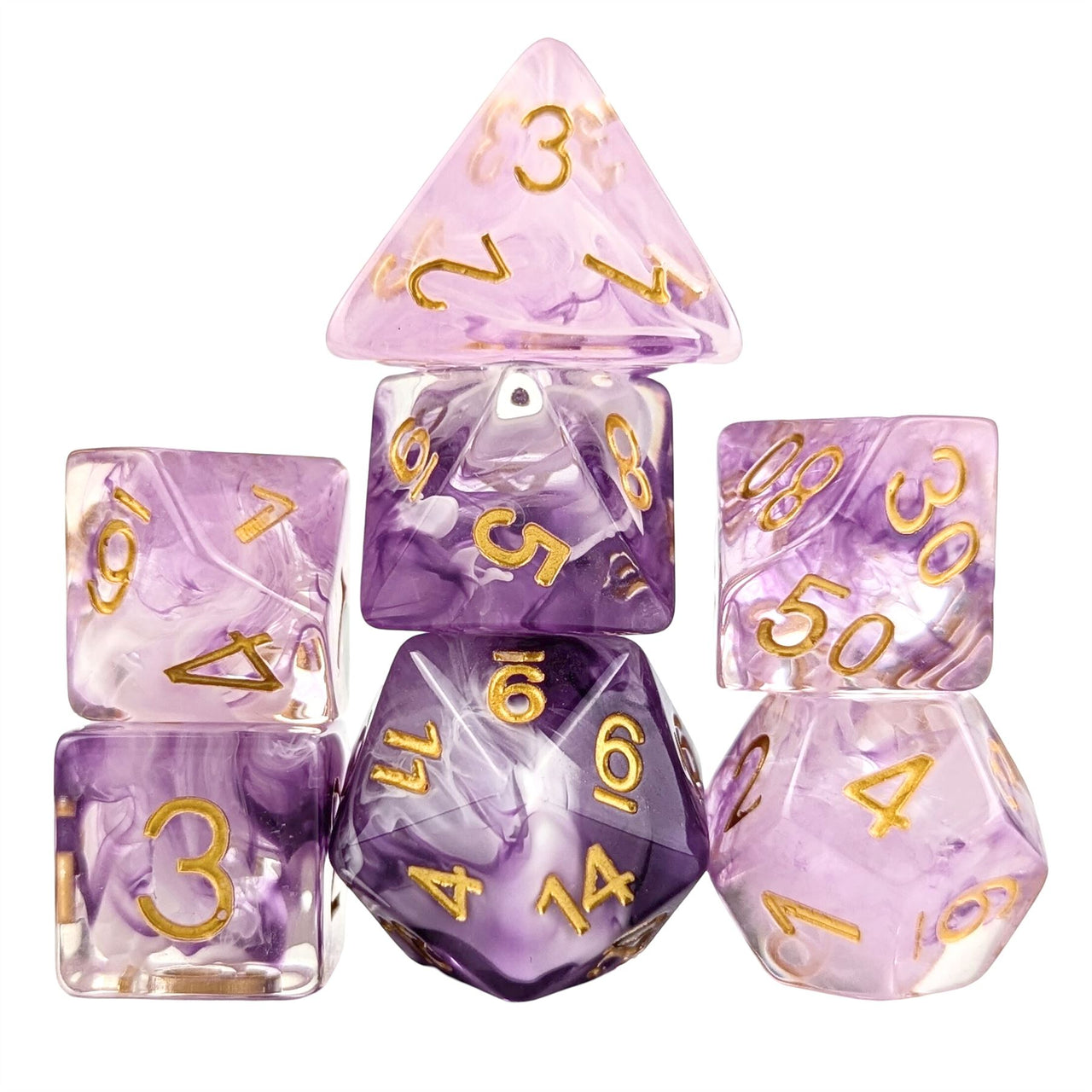 Purple & White Swirl in Clear Resin - 7pcs RPG Full Dice Set