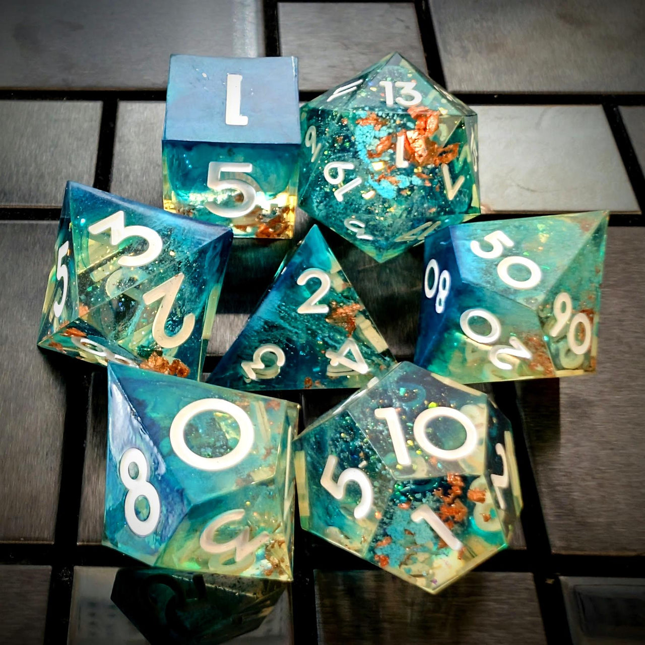 Blue Swirl in Clear with Copper Foil Sharp Resin - 7pcs RPG Dice Set