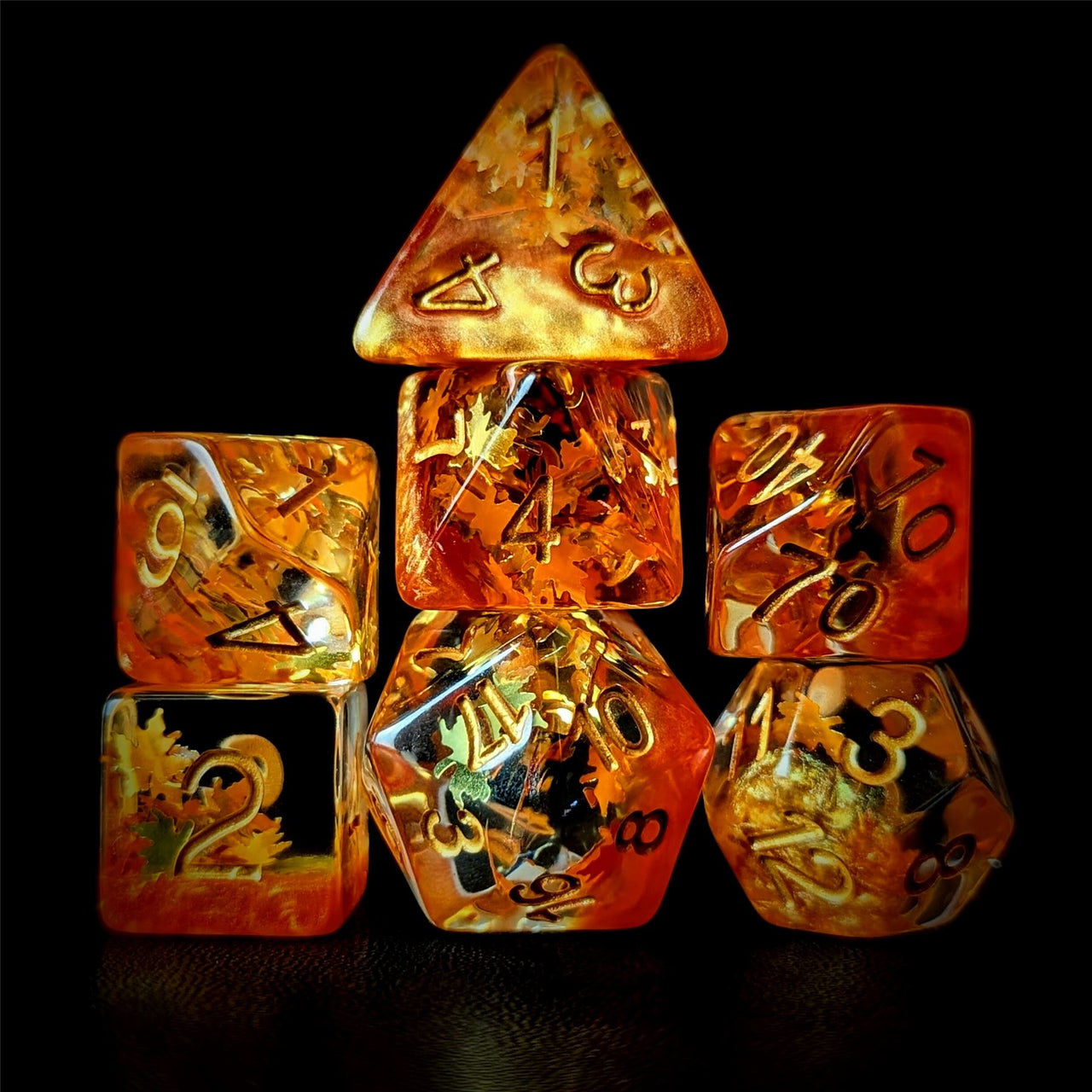 Leaves in Clear & Orange Resin - 7pcs RPG Full Dice Set