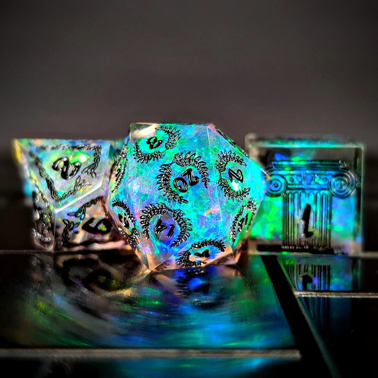 Mythology on Clear Sharp Resin - 7pcs RPG Dice Set