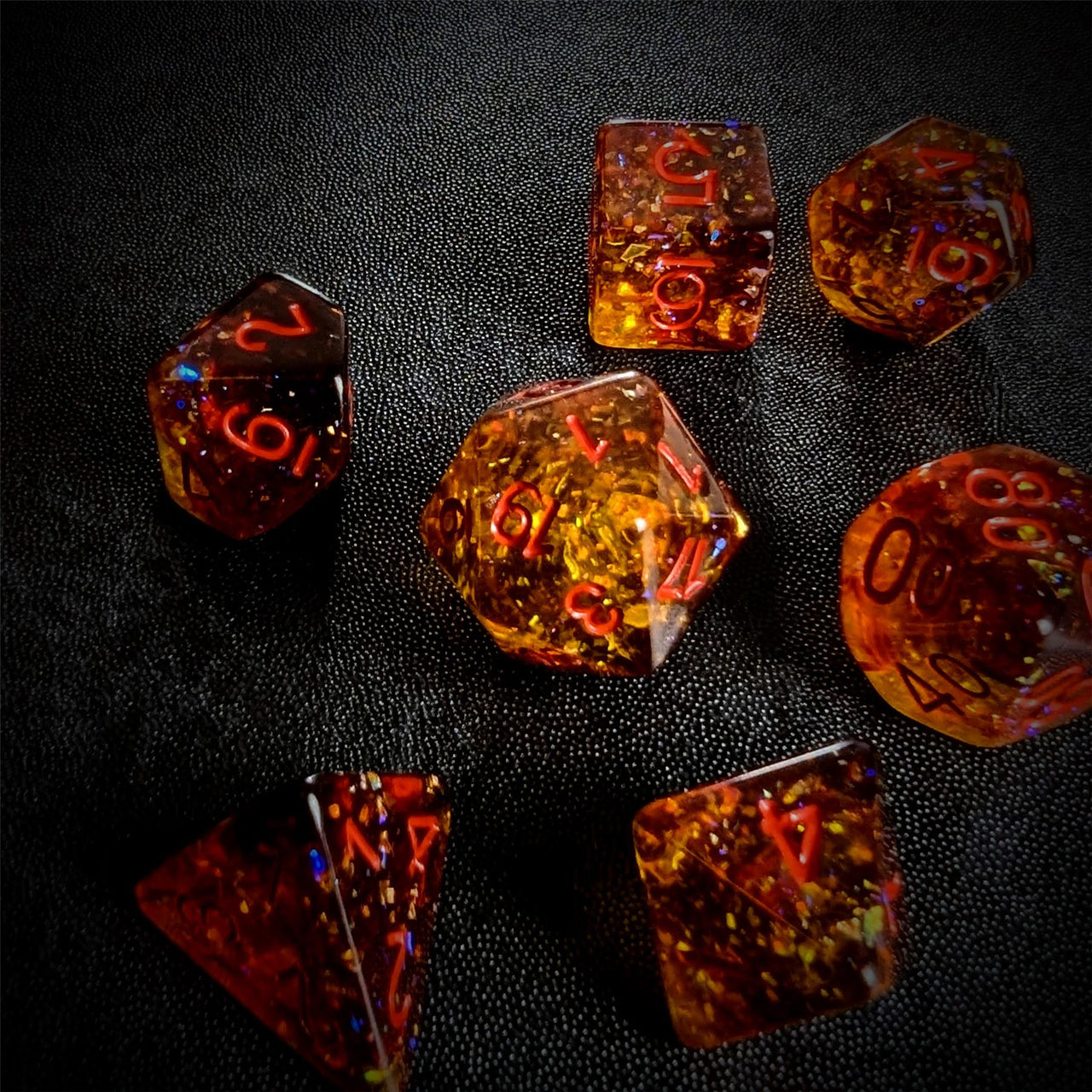 Glitter in Orange & Black Resin - 7pcs RPG Full Dice Set