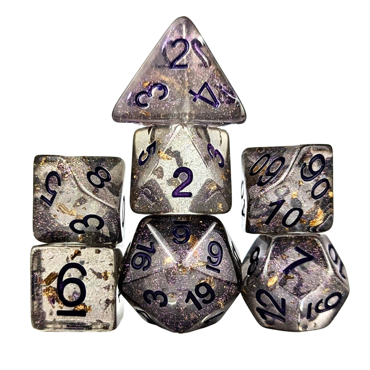 Gold Foil in Clear & Grey Resin - 7pcs RPG Full Dice Set