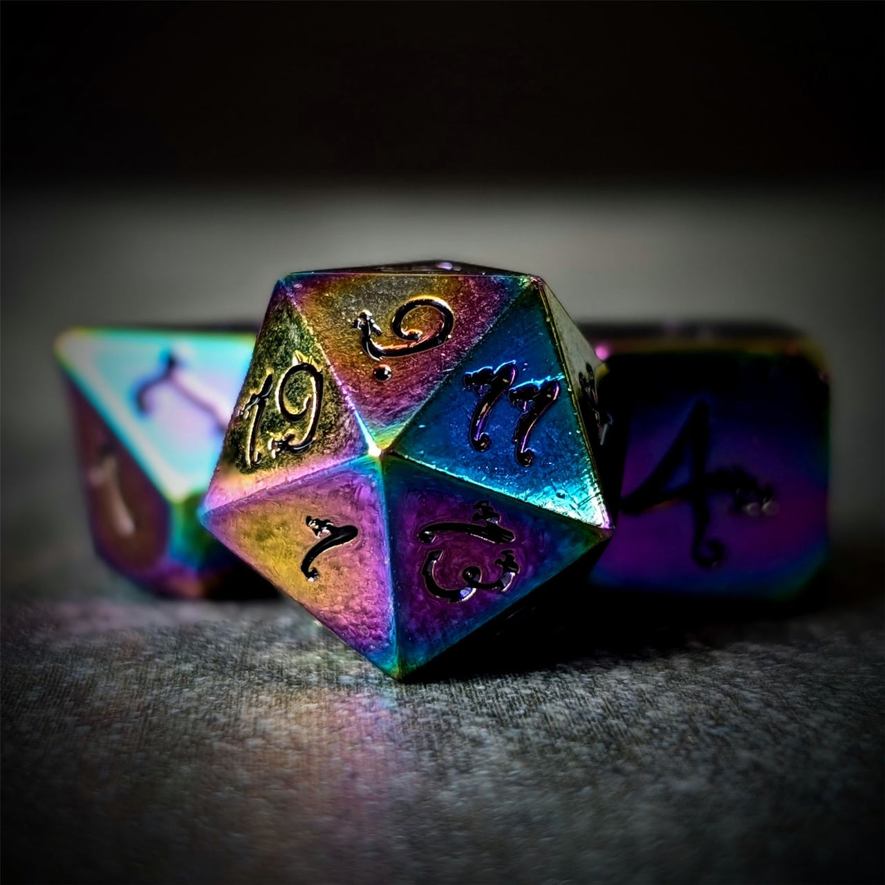 Rainbow Metal with Purple Dragon Font - 7pcs RPG Dice Set