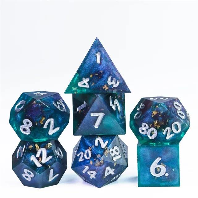 Glitter & Foil in Purple, Blue & Teal Sharp Resin - 7pcs RPG Dice Set