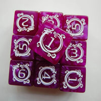 Thumbnail for 6pcs D6 17mm Dice Acrylic Blend Square Dragon Circle White Font Magenta