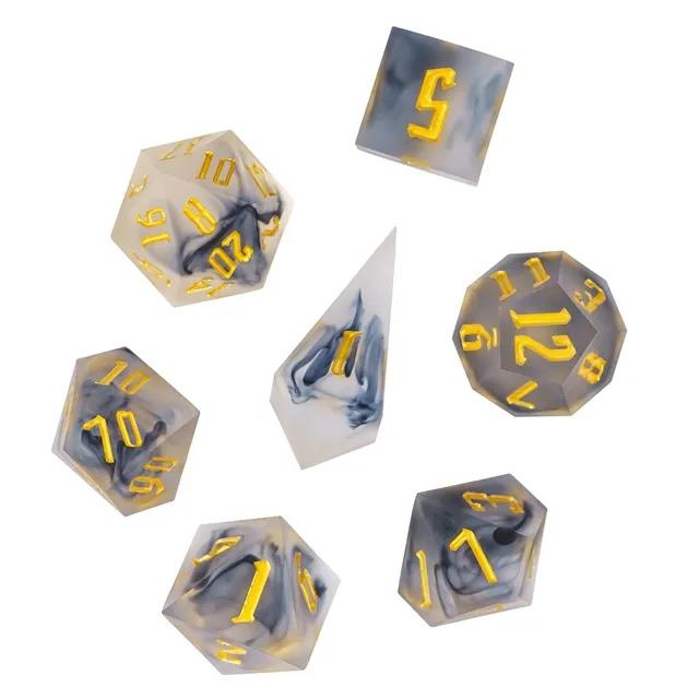 Black Swirl in Frosted Clear Sharp Resin - 7pcs RPG Dice Set