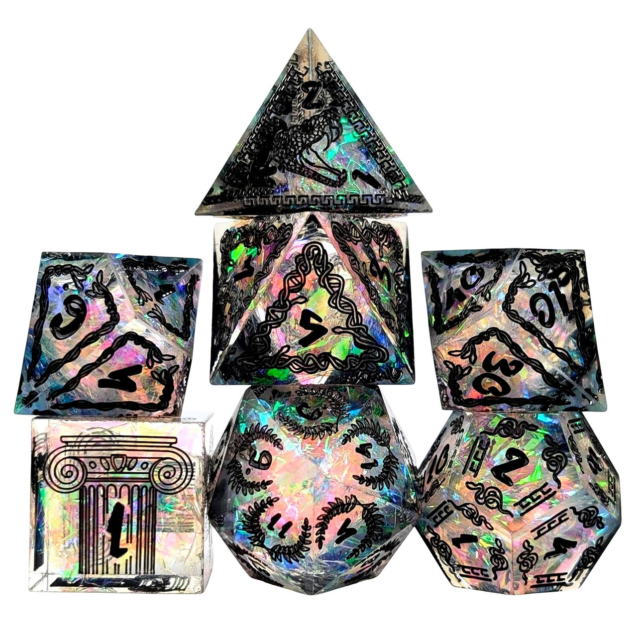 Mythology on Clear Sharp Resin - 7pcs RPG Dice Set