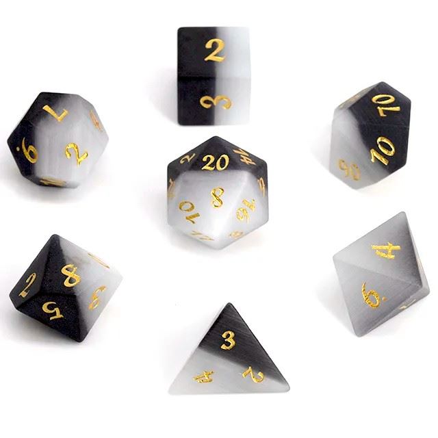 Frosted Grey Cat Eye Gemstone - 7pcs RPG Dice Set