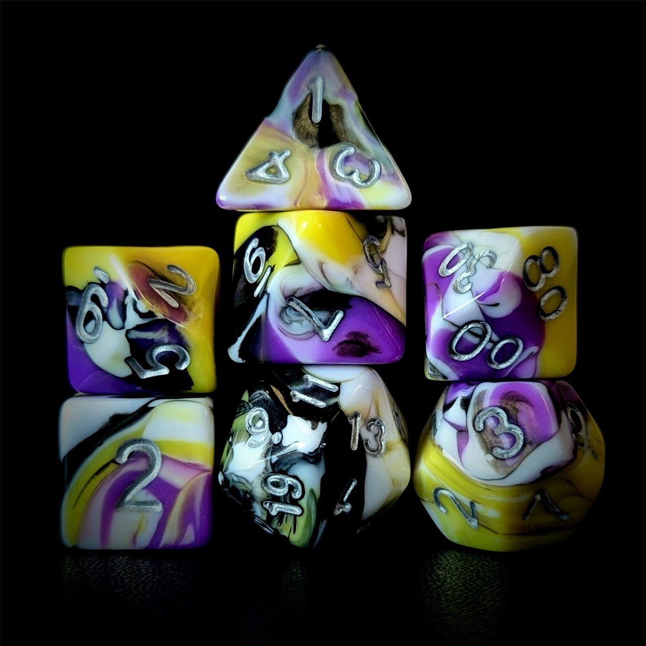7pcs Dice Acrylic Blend Silver Font Purple Black Yellow