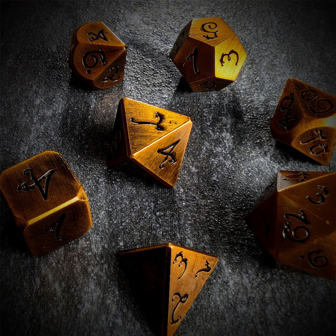 Gold Metal with Black Dragon Font - 7pcs RPG Dice Set