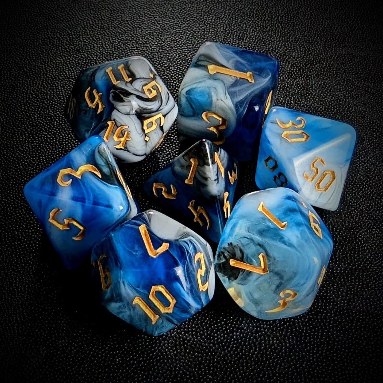 Blend of Black & Blue Acrylic - 7pcs RPG Full Dice Set Top