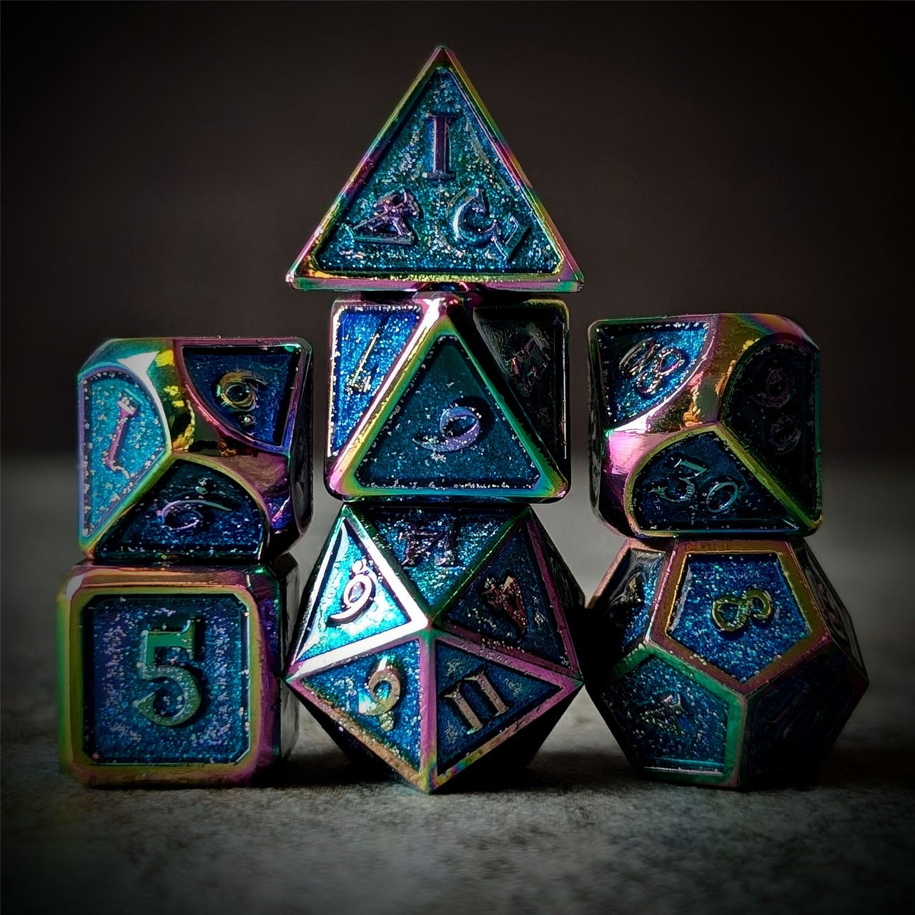 Glitter Blue Enamel in Rainbow Metal - 7pcs RPG Dice Set