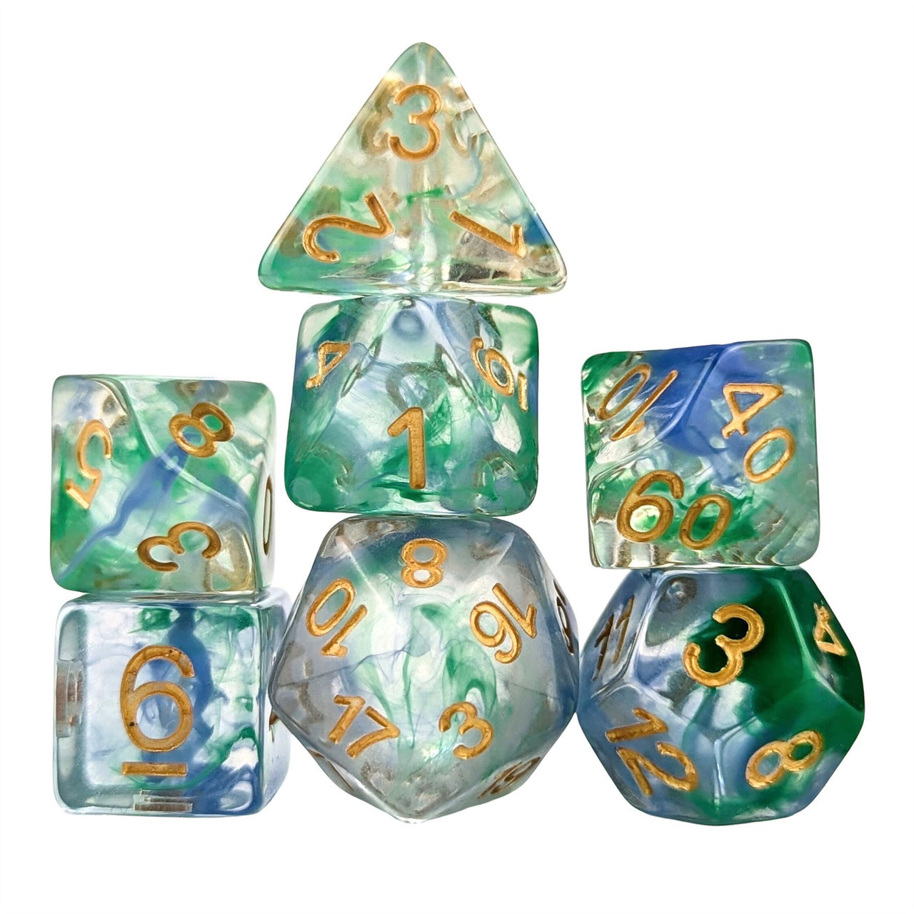 Blue & Green Swirl in Clear Resin - 7pcs RPG Full Dice Set