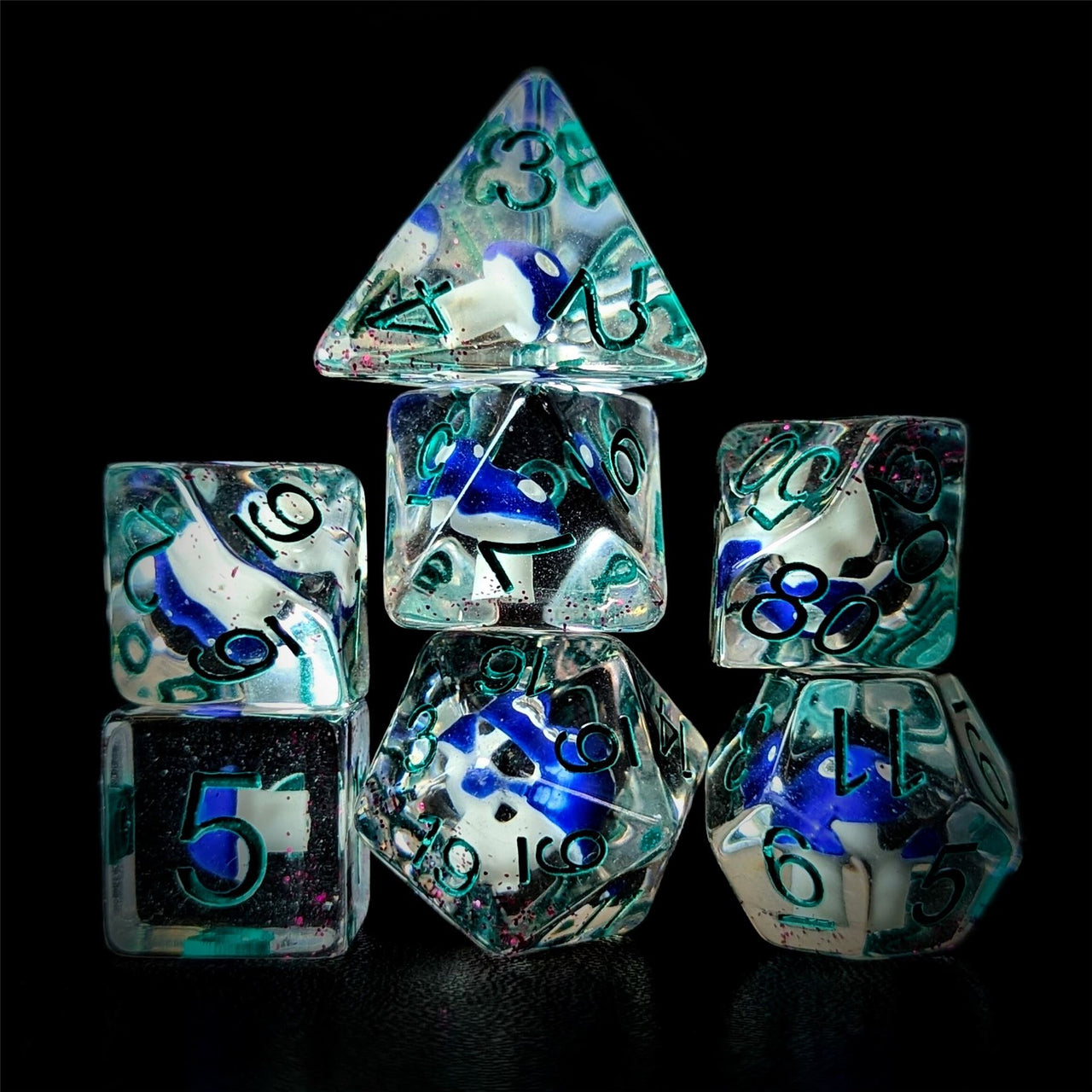 Blue Mushroom in Clear Resin - 7pcs RPG Full Dice Set