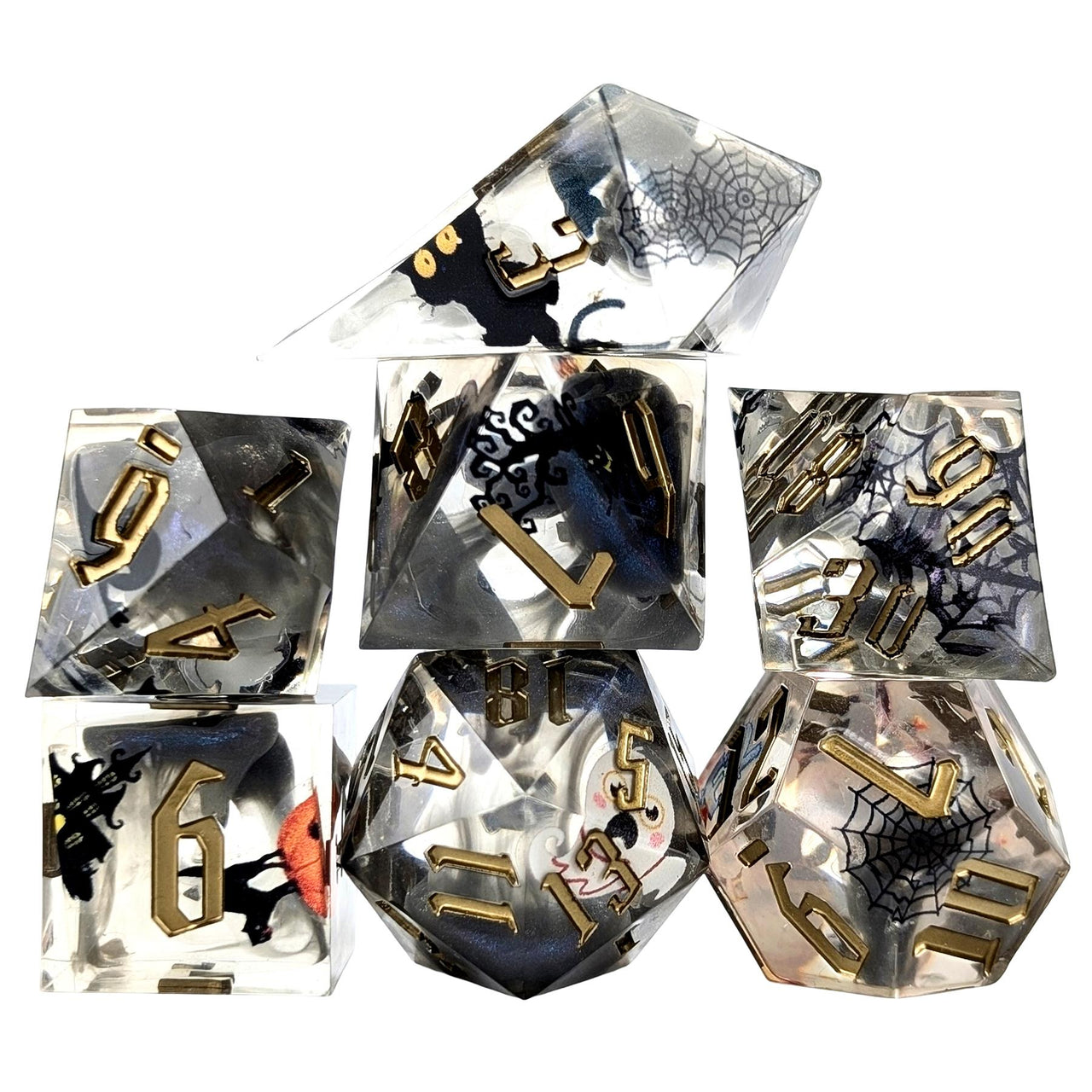 Halloween Spooky in Grey Filled Sharp Resin - 7pcs RPG Dice Set