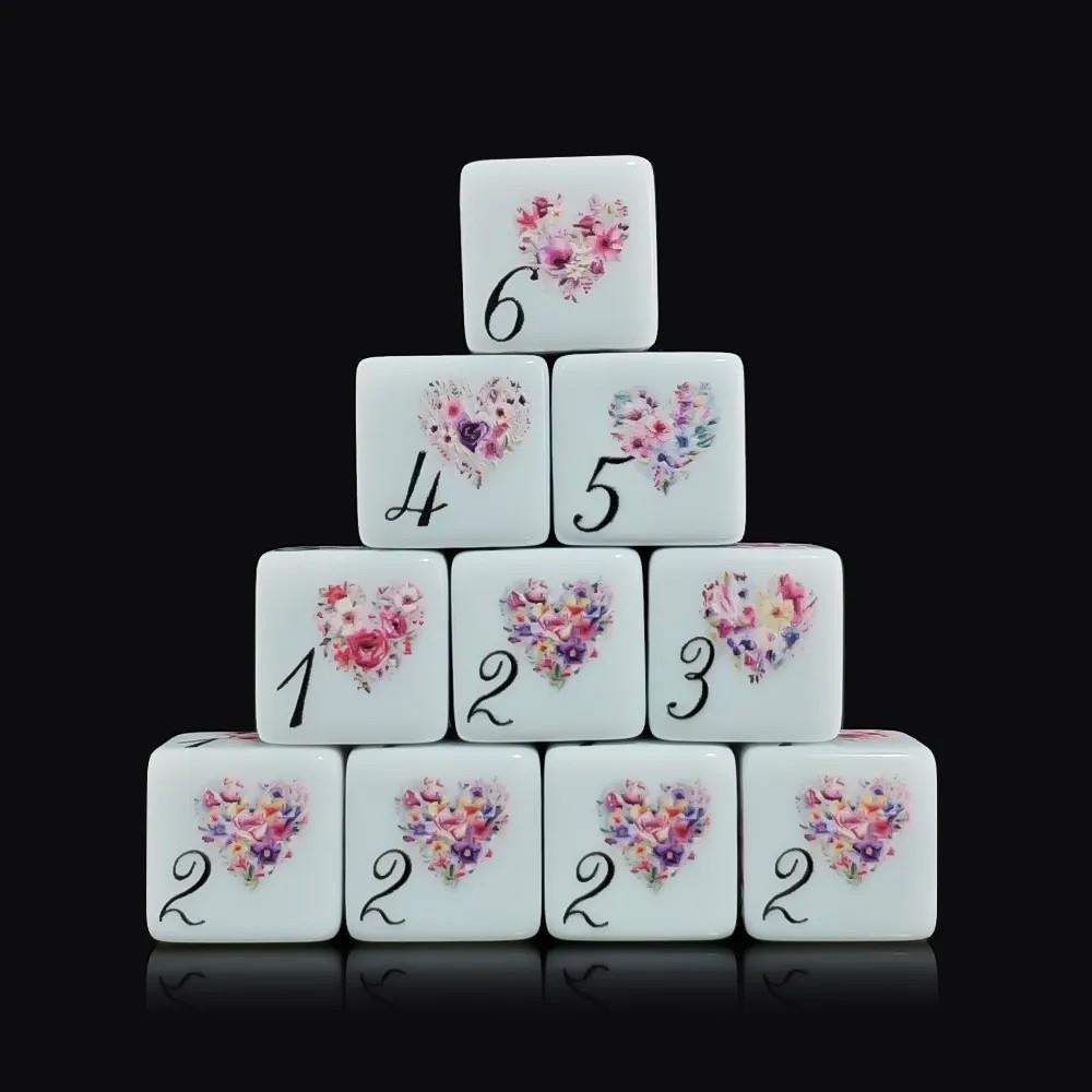 6pcs D6 16mm Dice Acrylic Printed Flower Heart Black Font White