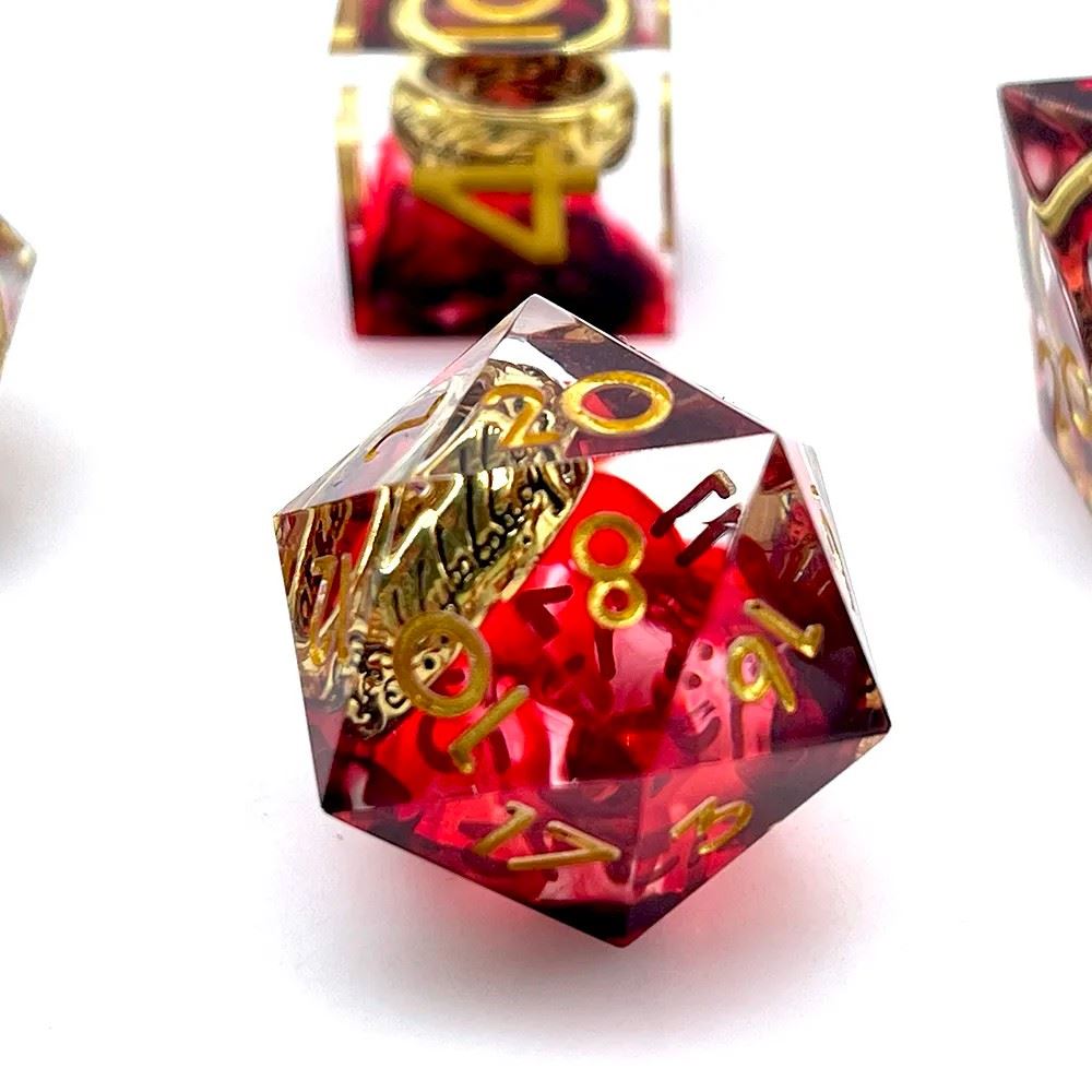 Gold Ring in Red & Clear Filled Sharp Resin - 7pcs RPG Dice Set