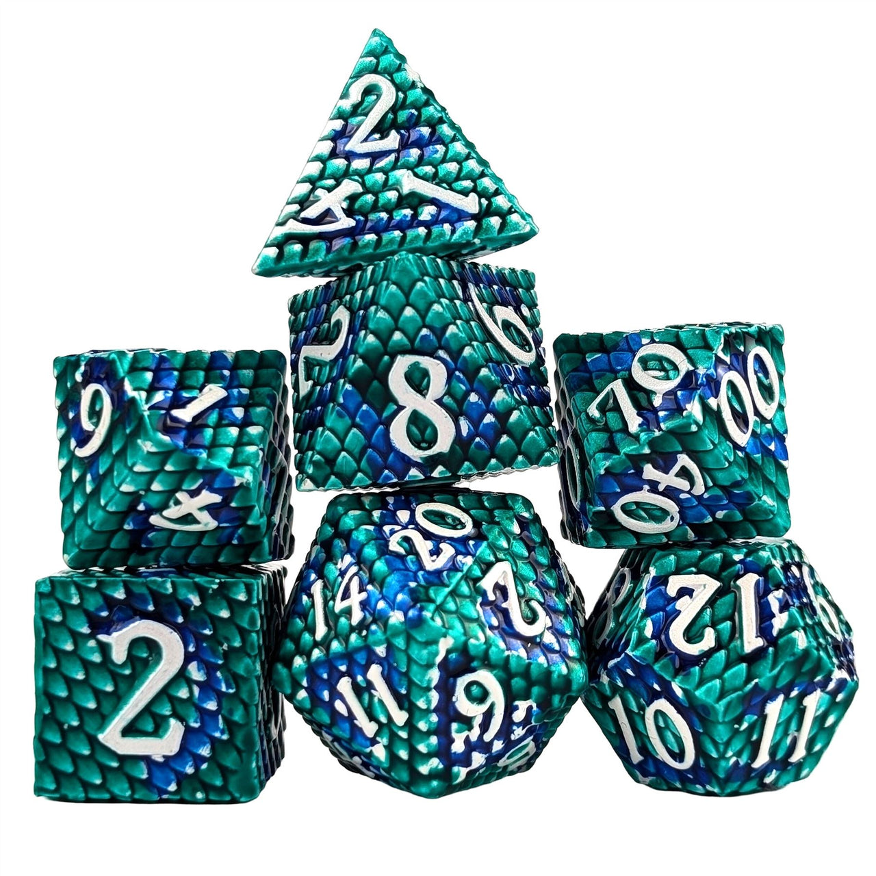 Green & Blue Dragon Scale Metal - 7pcs RPG Dice Set