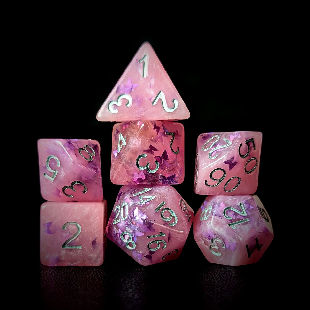 Butterfly in Pink Resin - 7pcs RPG Full Dice Set