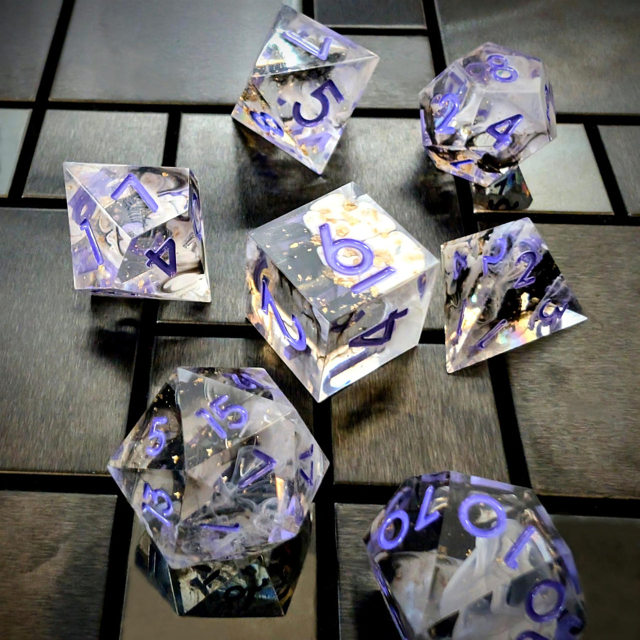 Purple Swirl in Black, White & Clear with Gold Foil Sharp Resin - 7pcs RPG Dice Set