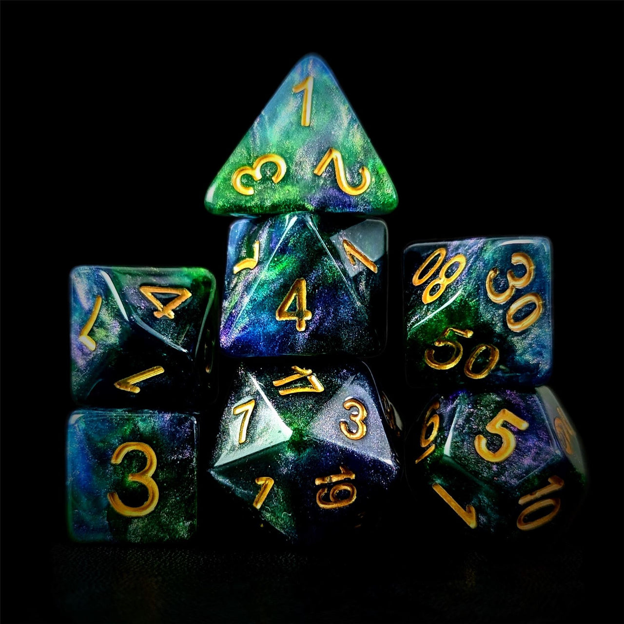 Glitter in Green & Blue Resin - 7pcs RPG Full Dice Set