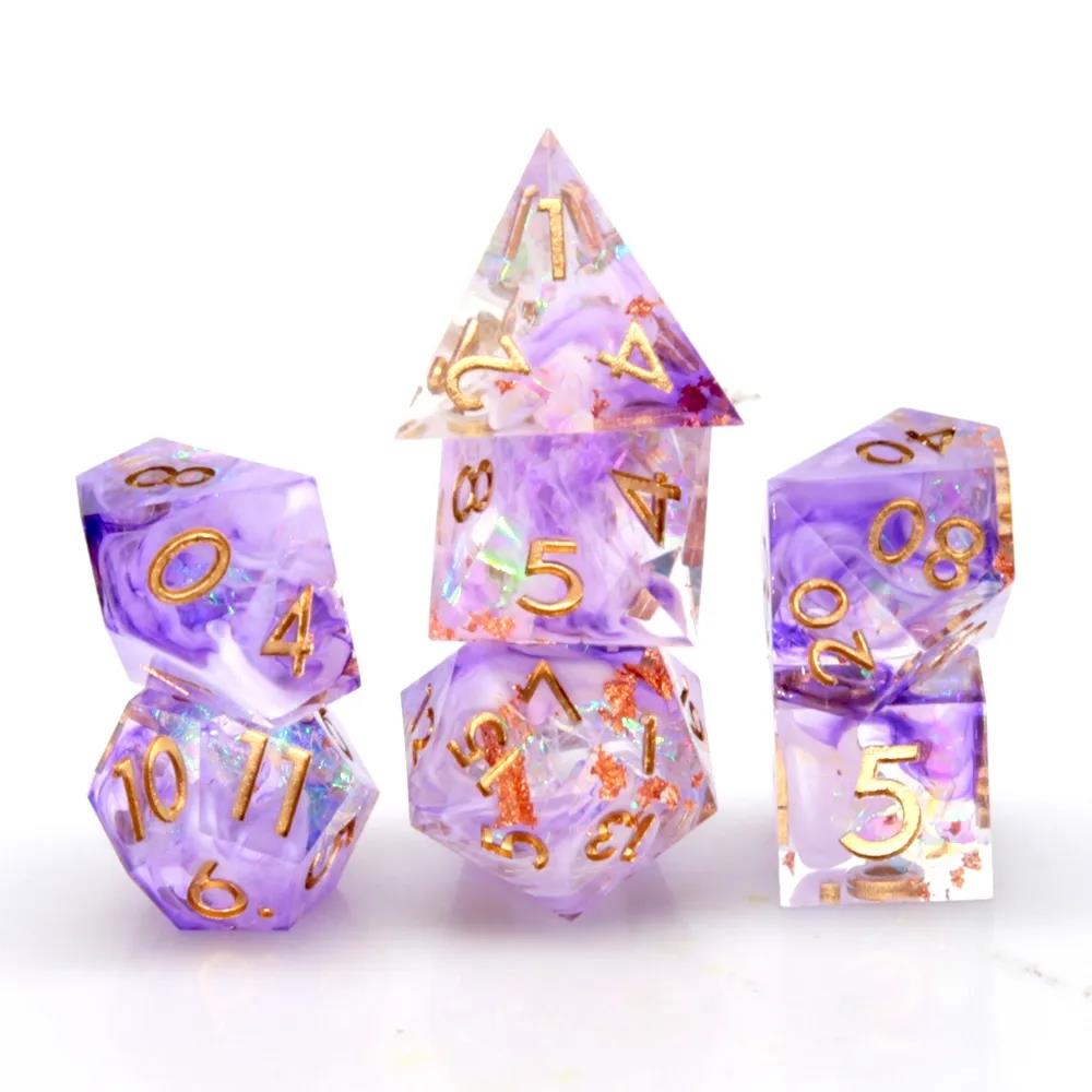 Purple Swirl in Clear with Copper Candy Sharp Resin - 7pcs RPG Dice Set