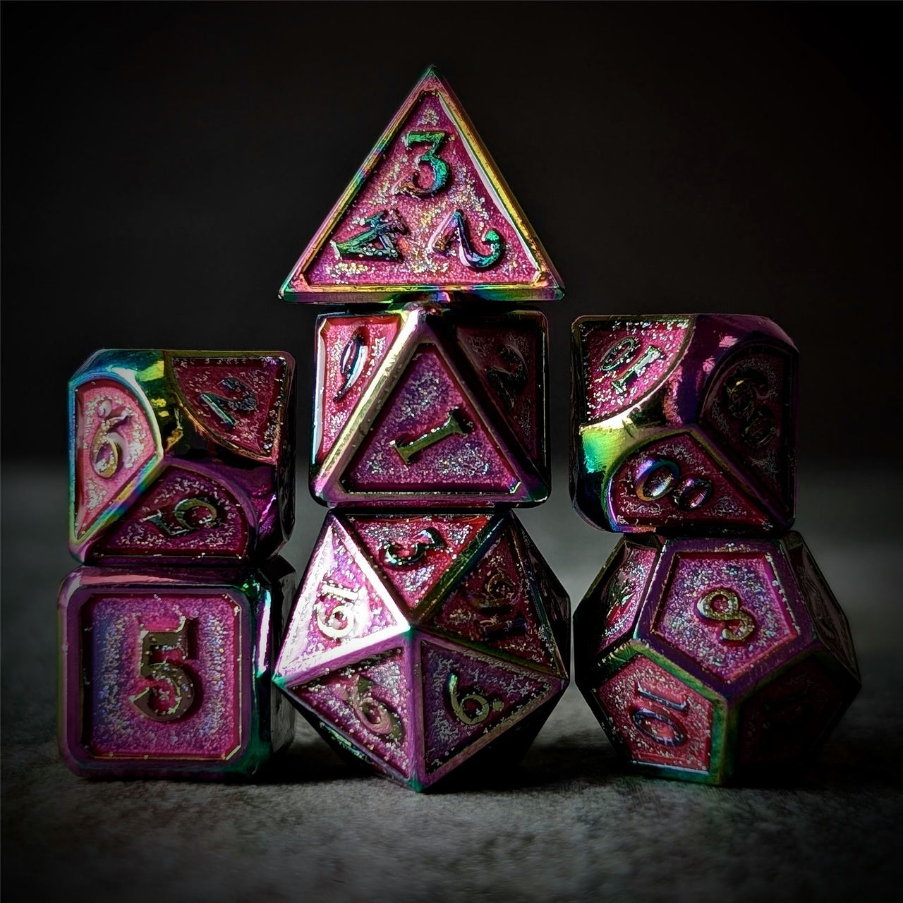 Glitter Pink Enamel in Rainbow Metal - 7pcs RPG Dice Set