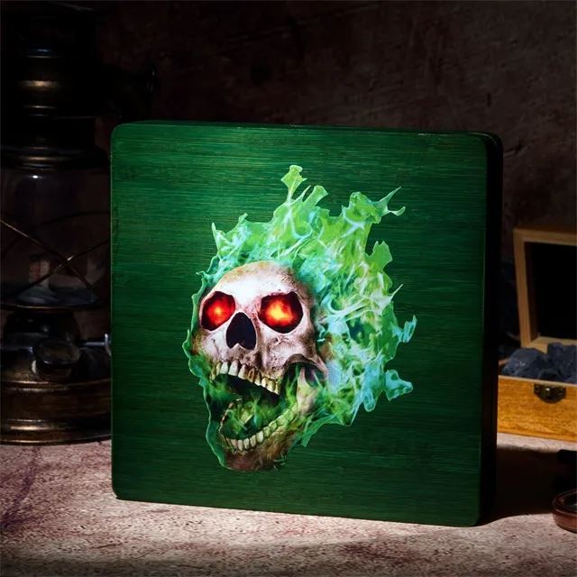 Green Skull on Bamboo Wood - Magnetic Dice Storage