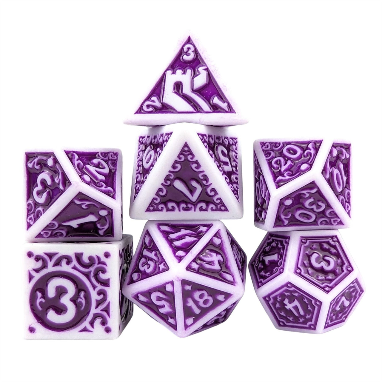 Purple Vines on White Acrylic - 7pcs RPG Full Dice Set White Stack