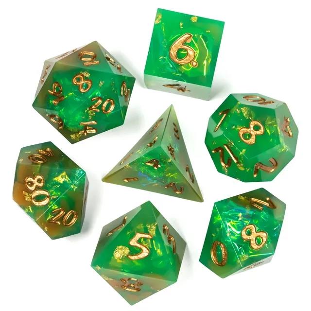 Candy in Green & Orange with Copper Foil Sharp Resin - 7pcs RPG Dice Set