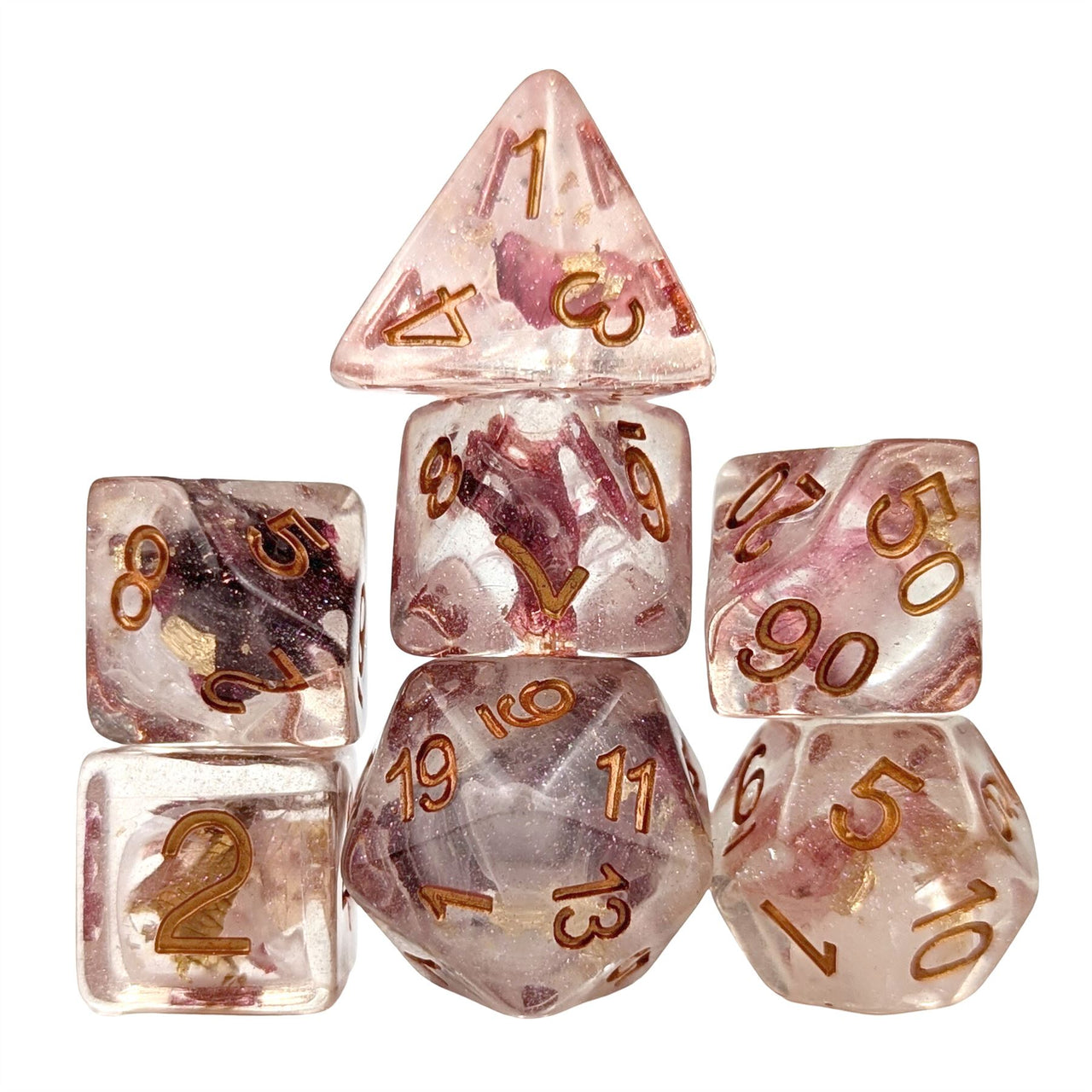 Pink Rose Petal in Clear Resin - 7pcs RPG Full Dice Set