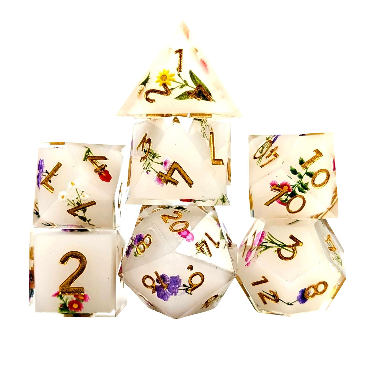 7pcs Dice Sharp Filled Grannys Flowers Gold Font White