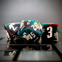Thumbnail for White Flower in Red & Green Filled Sharp Resin - 7pcs RPG Dice Set