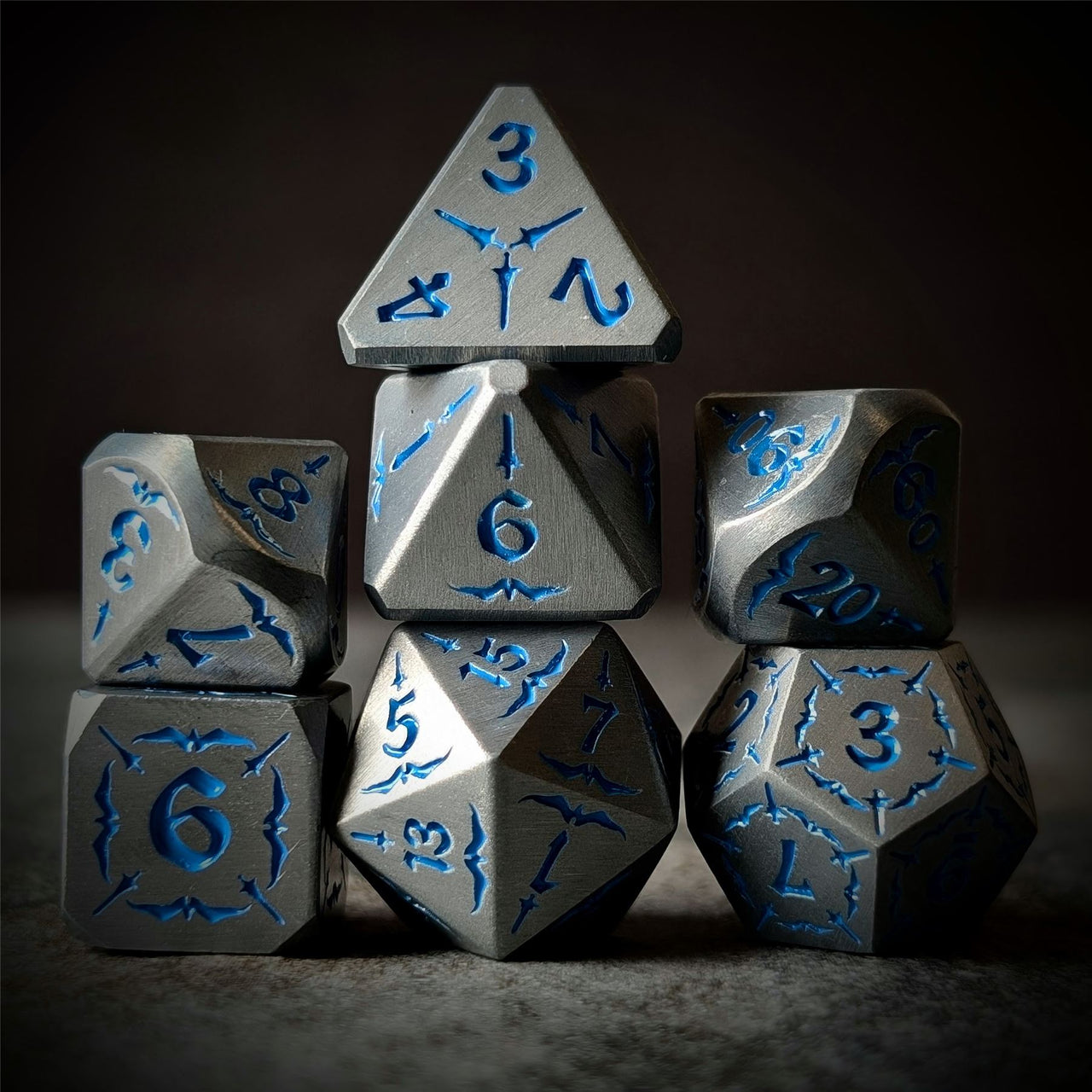 Blue Sword in Silver Metal - 7pcs RPG Dice Set