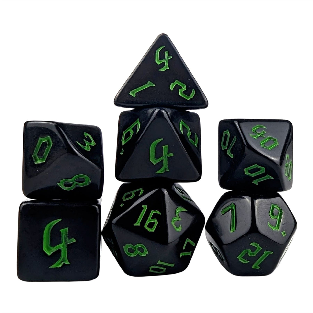 Green on Solid Black Acrylic - 7pcs RPG Full Dice Set White Stack