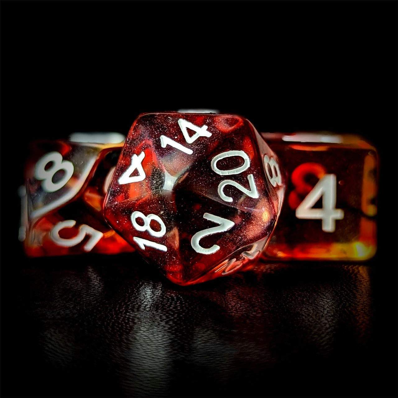 Red & Black with Blue Swirl in Clear Resin - 7pcs RPG Full Dice Set