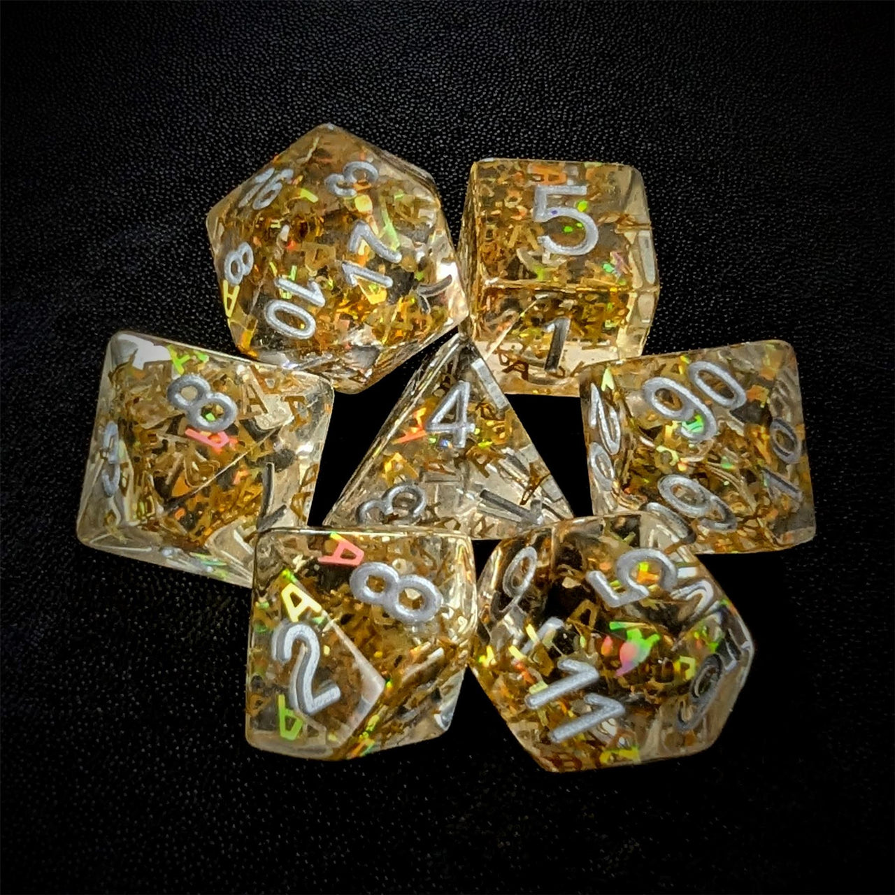 Gold Confetti in Clear Resin - 7pcs RPG Full Dice Set