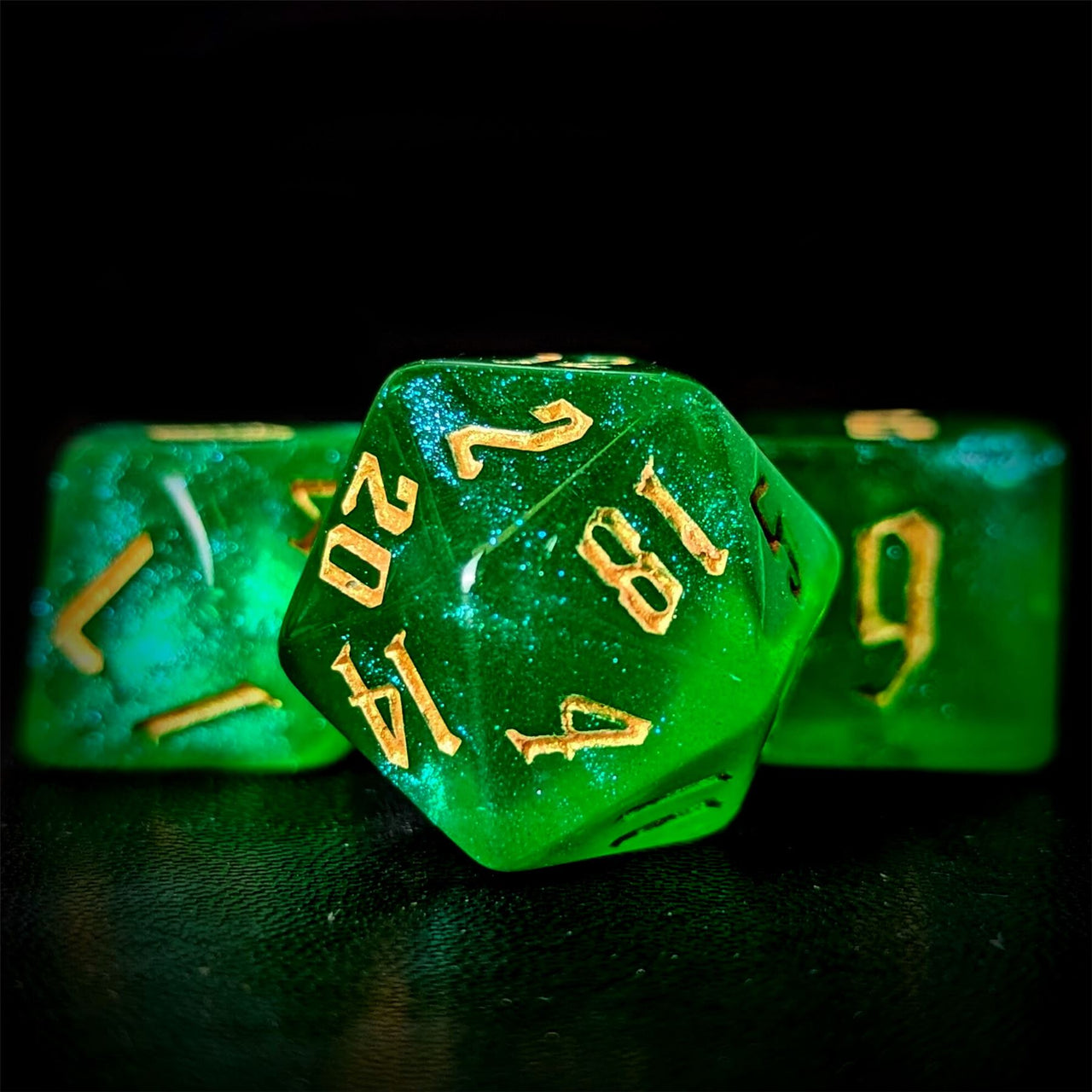 Glitter in Clear Green Acrylic - 7pcs RPG Full Dice Set Close