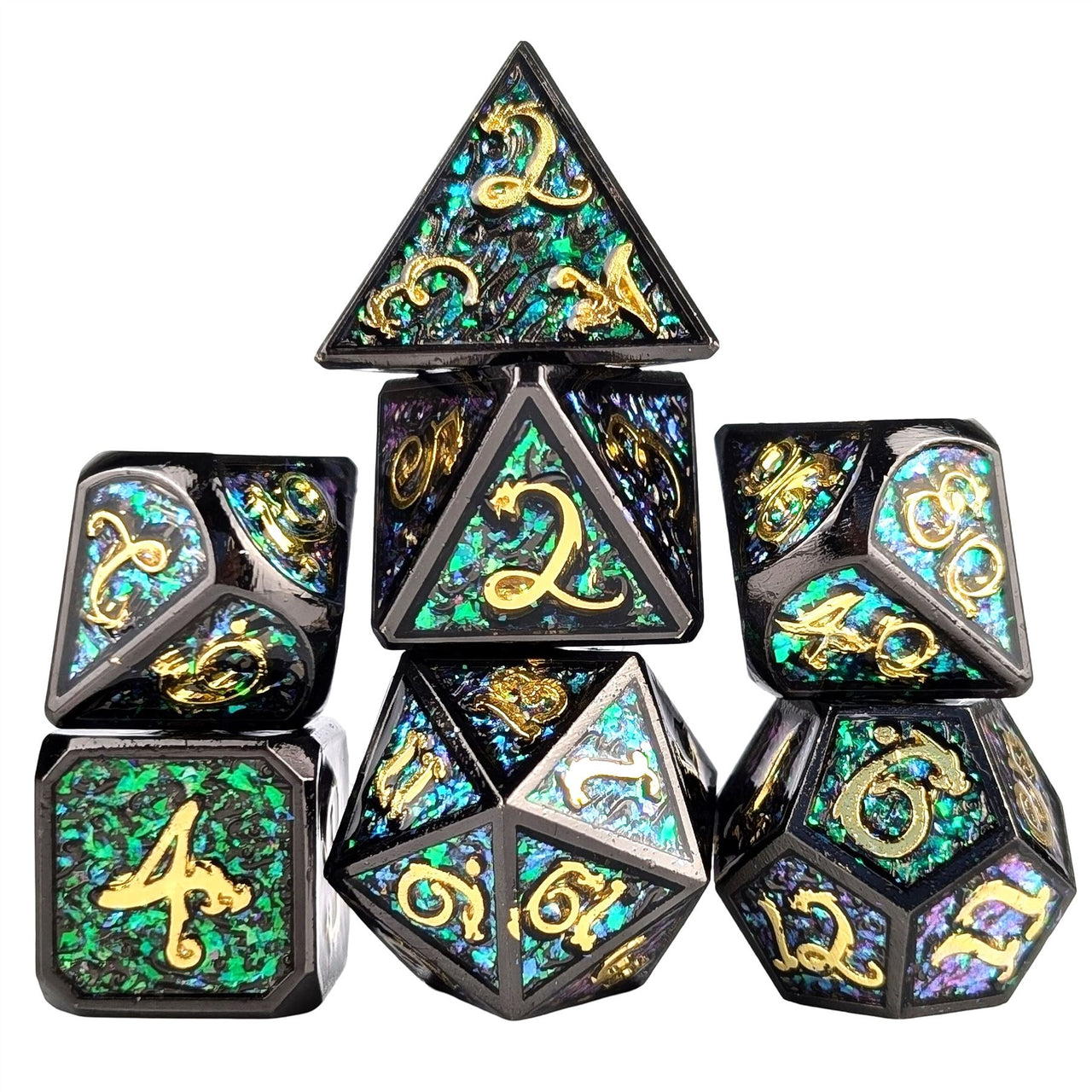 Glitter Pink Enamel in Black Metal - 7pcs RPG Dice Set