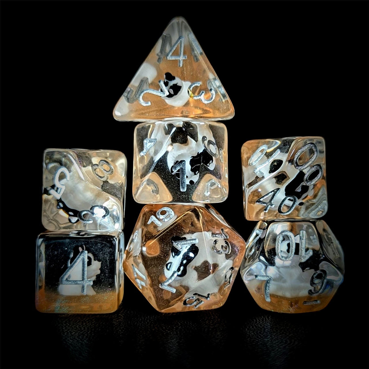 Black & White Dog in Clear Resin - 7pcs RPG Full Dice Set