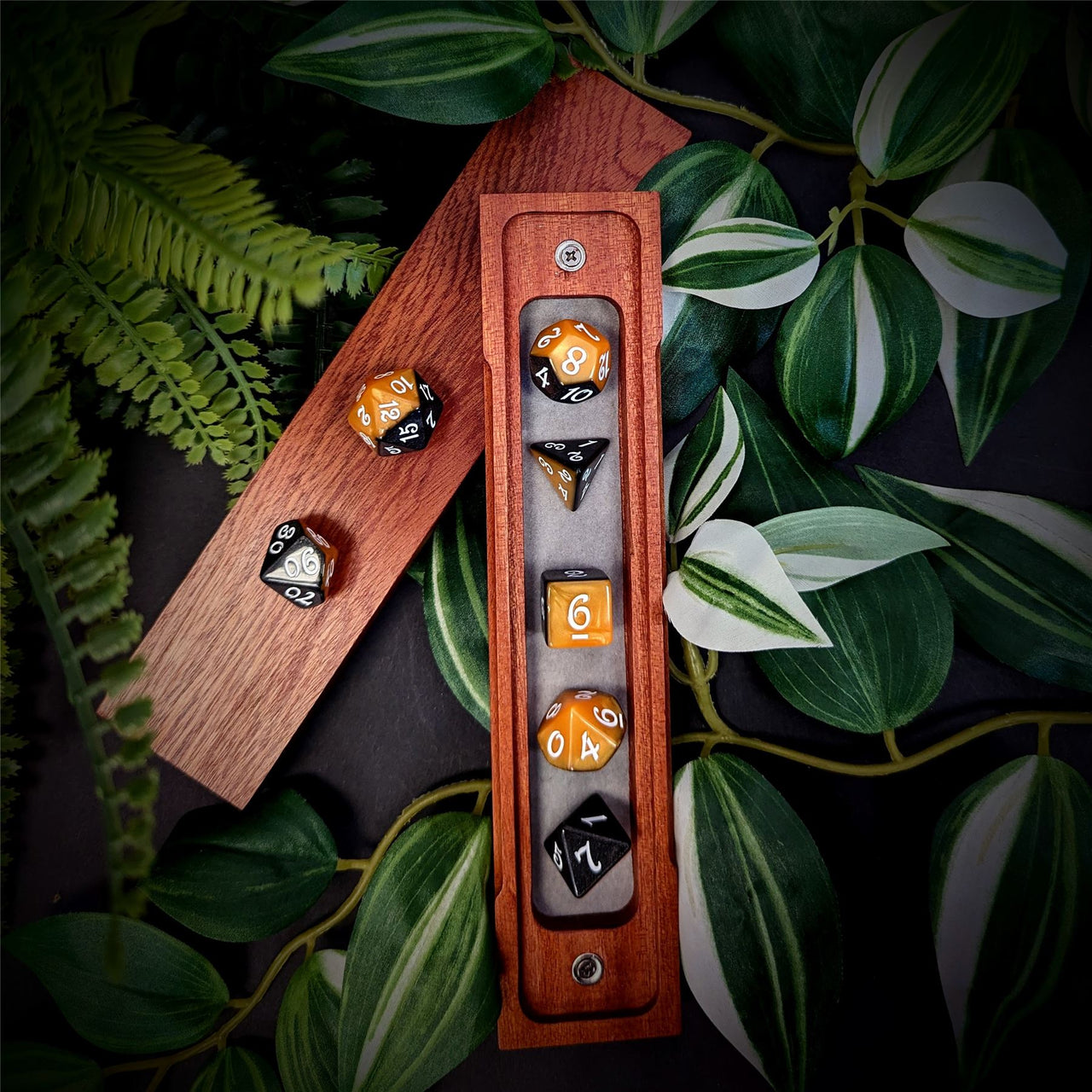 Blend of Black & Orange Acrylic - 7pcs RPG Full Dice Set