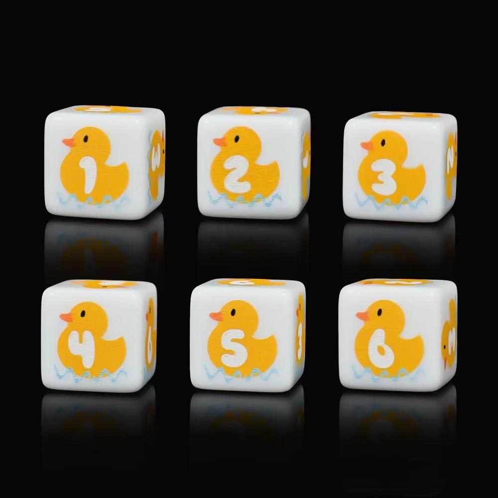 6pcs D6 16mm Dice Acrylic Printed Duck Swimming White Font Yellow White