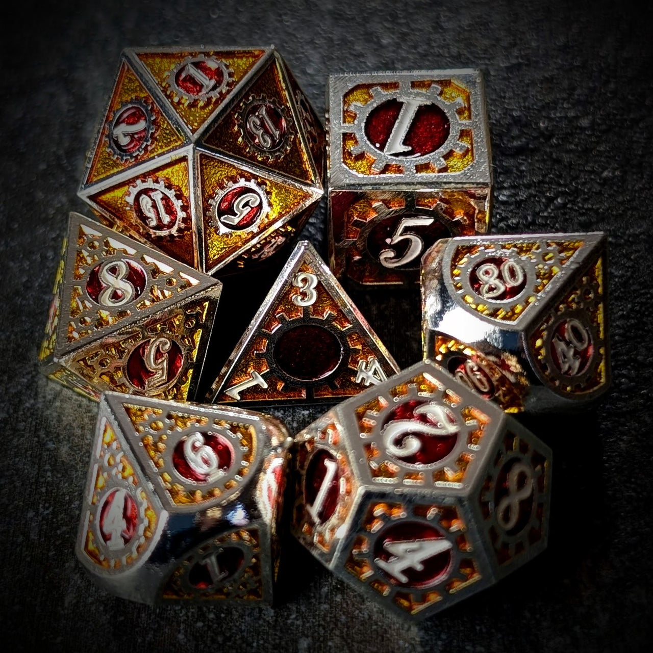 Gear in Red Enamel Silver Metal - 7pcs RPG Dice Set