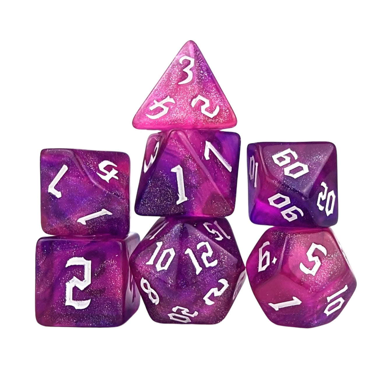 Glitter in Pink & Purple Acrylic - 7pcs RPG Full Dice Set White Stack