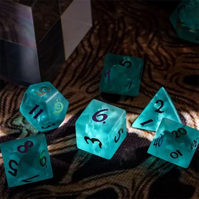 Cracked & Frosted Cyan Glass - 7pcs RPG Dice Set