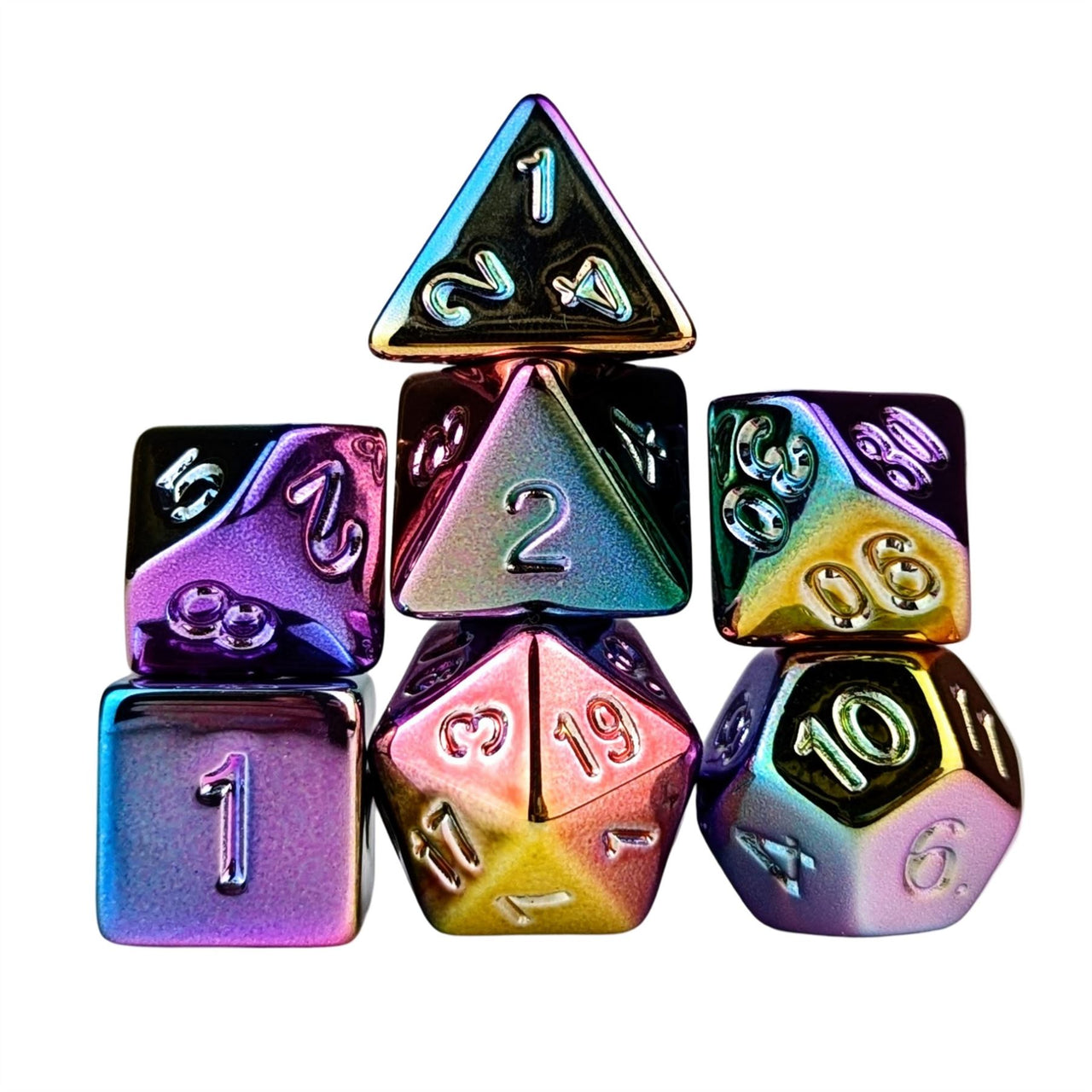 Pink, Blue & Yellow Metallic Acrylic - 7pcs RPG Dice Set